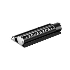 Temporary Parking Card Phone Number Plate Display - Black cylindrical parking number card with silver accents and pointed end, mounted on a flat black base