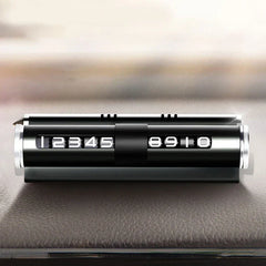 Temporary Parking Card Phone Number Plate Display - Black parking number card placed on a textured gray car dashboard surface