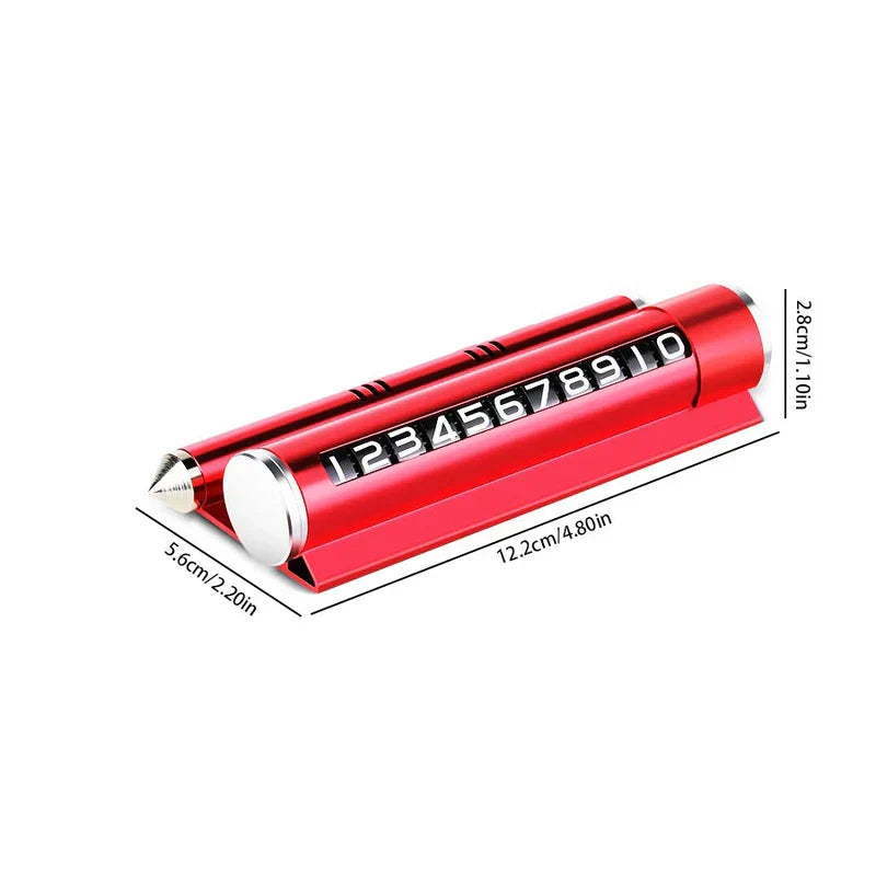 Temporary Parking Card Phone Number Plate Display - Red roller-style parking number plate with safety hammer end, showing size dimensions