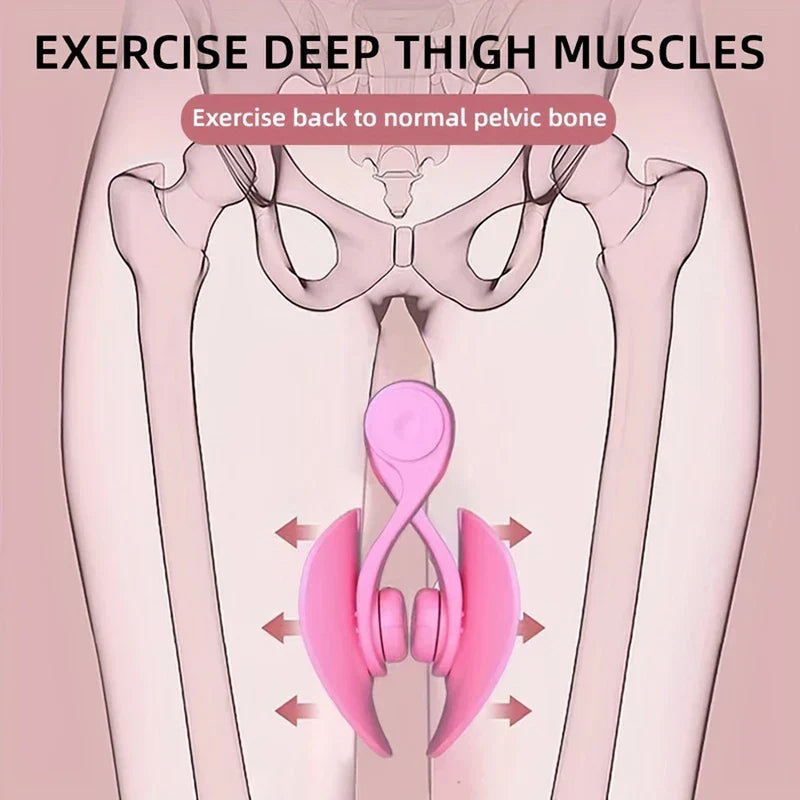 Toner - Diagramm eines pinken Beintrainers zwischen den Oberschenkeln positioniert, mit Beckenknochen-Illustration und Textüberlagerungen