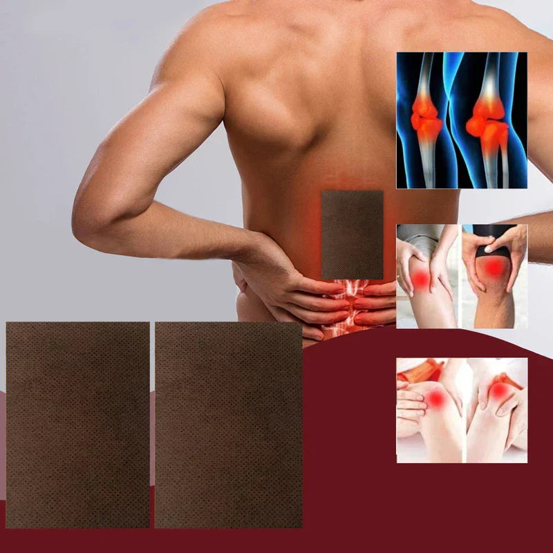 Pain Patch - Patch applied to lower back with inset diagrams showing common joint discomfort areas in knees and shoulders