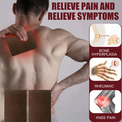 Pain Patch - Person applying patch to upper back with labeled diagrams showing common discomfort sites including spine, hands, and knee