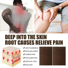 Pain Patch - Infographic with images of people with back and knee pain, a skin penetration diagram, a list of pain types, and two brown rectangular patches with text reading 'DEEP INTO THE SKIN ROOT CAUSES RELIEVE PAIN'