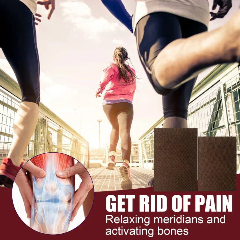 Pain Patch - Advertisement for pain relief patches showing people running, knee joint inset, two brown patches, and text about pain relief