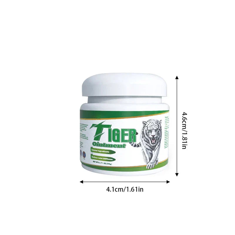 Muscle Rub - White Tiger Ointment jar with labeled packaging, size dimensions marked beside it on a white background
