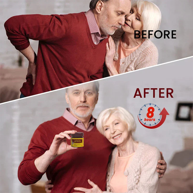 Tiger Balm Ointment - Split panel showing back discomfort before use, and couple holding the ointment jar after use