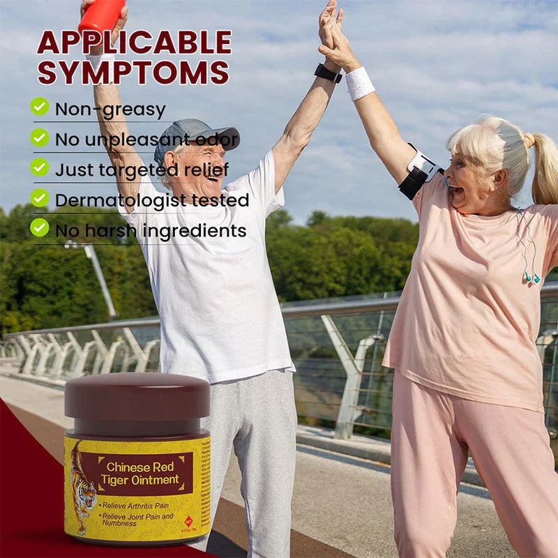 Tiger Balm Ointment - A jar of Chinese Red Tiger Ointment in the lower left, two elderly adults high-fiving in an outdoor setting, with a product feature list on the upper left.