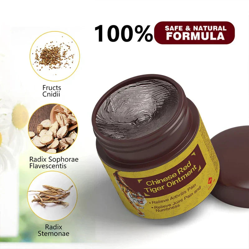 Tiger Balm Ointment - An open jar of Chinese Red Tiger Ointment displays its dark contents, with three herbal ingredient illustrations and text reading 100% Safe & Natural Formula.
