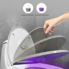 Sanitizer Light – Toilette mit angeschlossenem UV-Desinfektionslicht, das aktiviert wird, während eine Hand den Deckel anhebt, Funktionssymbole darüber