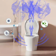 Sanitizer Light – Offene Toilette, die eine illustrierte, keimbelastete Luftströmung zeigt, die sich in den umgebenden Badezimmerraum ausbreitet