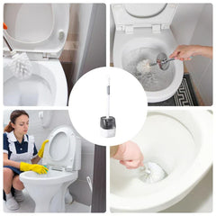 Four-panel collage showing toilet brush use in cleaning toilets and central product view