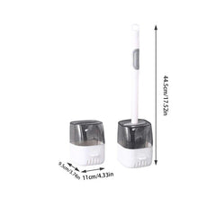 Toilet brush with holder shown with labeled dimension measurements for total height and holder size.