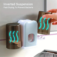 Rinse Cup - Hand lifting one translucent cup from the holder, graphic showing ventilation from the inverted cups