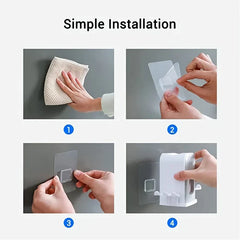 Rinse Cup - Four-step installation guide showing 1) cleaning a wall surface with a cloth, 2) peeling adhesive backing from a clear mount, 3) pressing the mount to the wall, 4) attaching a white plastic holder to the mount.