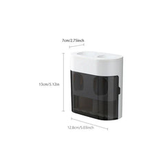 White and black wall mounted bathroom organizer with dimensions labeled, toothpaste dispenser squeezer not visibly identifiable.