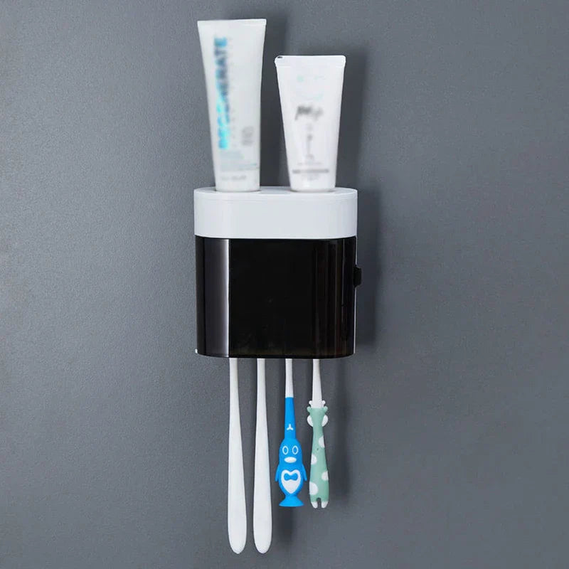 Wall mounted bathroom holder with toothbrushes hanging below and toothpaste tubes on top, featuring a toothpaste dispenser squeezer.