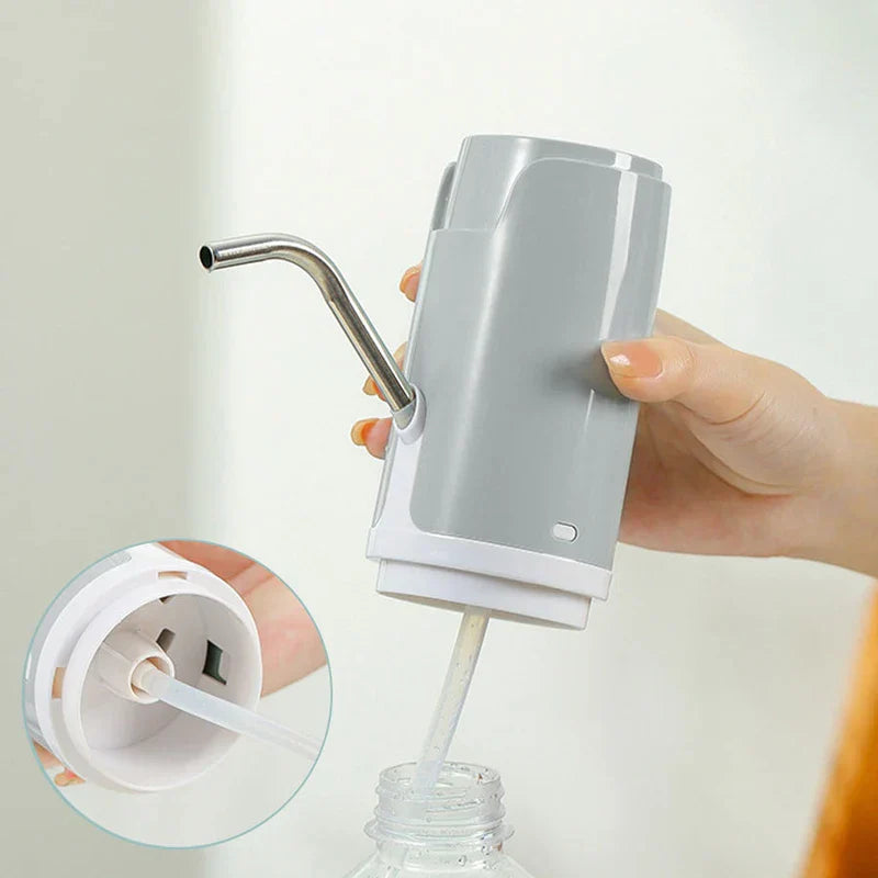Hand holds a water bottle pump dispenser above a bottle opening, with a close-up inset of its internal tube connection.