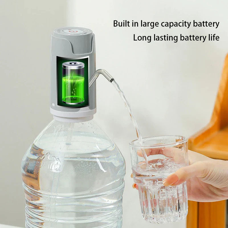 A water bottle pump dispenser sits on a large water bottle, pouring water into a glass, with battery life text on the image.