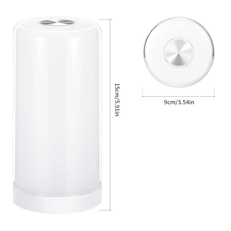 Light Touch Control - White cylindrical touch lamp with dimensions shown: 15cm tall, 9cm diameter, with side and top views.