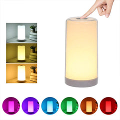 Light Touch Control - Touch-Lampe in Benutzung: Finger drückt den oberen Knopf, zeigt warmweißen Modus, 3 Weißlichttöne und 6 RGB-Farbmodi.