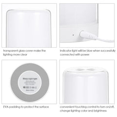 Light Touch Control - Vier Nahaufnahmen von Produktdetails: transparenter Außenbezug, Ladeanschluss, EVA-Bodenpolsterung, oberer Touch-Bedienknopf.