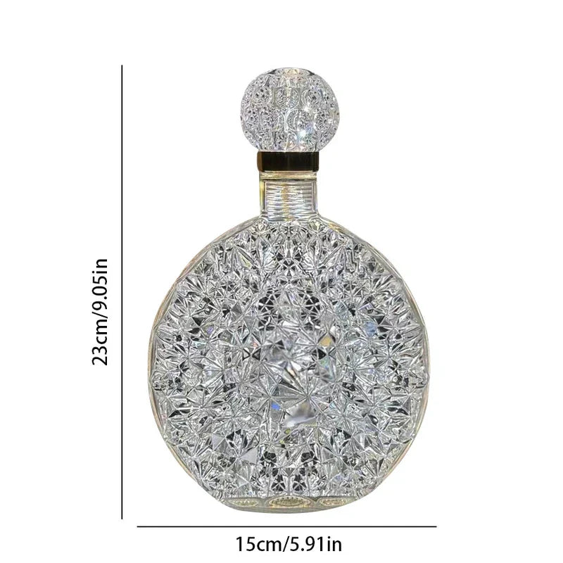 Clear crystal-style round led desk lamp, 23cm tall 15cm wide, on white background with measurement labels