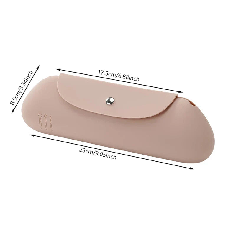 Makeup Brush Holder - Light pink silicone travel case with size dimensions marked, featuring a snap closure flap