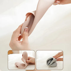 Makeup Brush Holder - Hands bending and twisting the flexible case to show its soft, foldable material, with small inset demo shots