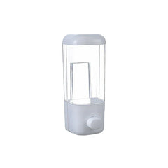 Empty clear and light gray travel set bottles dispenser with a front push button on white background