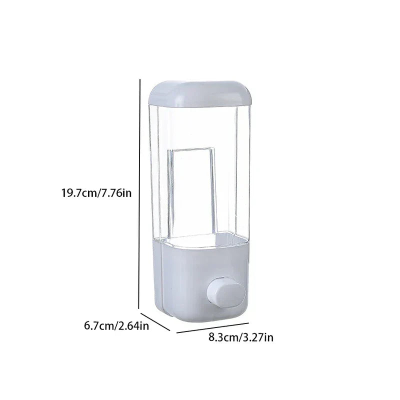 Clear wall-mounted travel set bottles dispenser with white top/base and dimensional measurements on white background