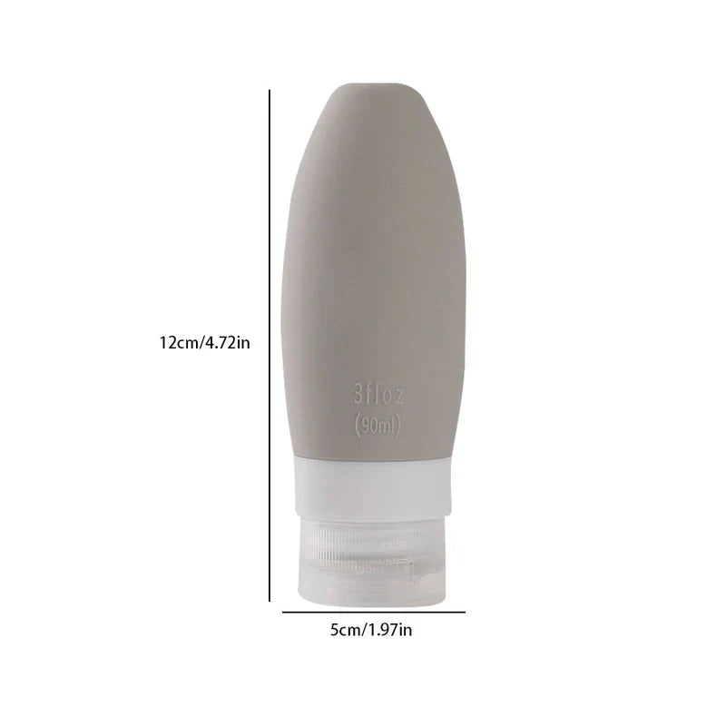 Travel Toiletry Bottles Set - Silicone travel bottle in neutral gray, labeled 3 fl oz (90ml), with size dimensions 12cm tall and 5cm wide.