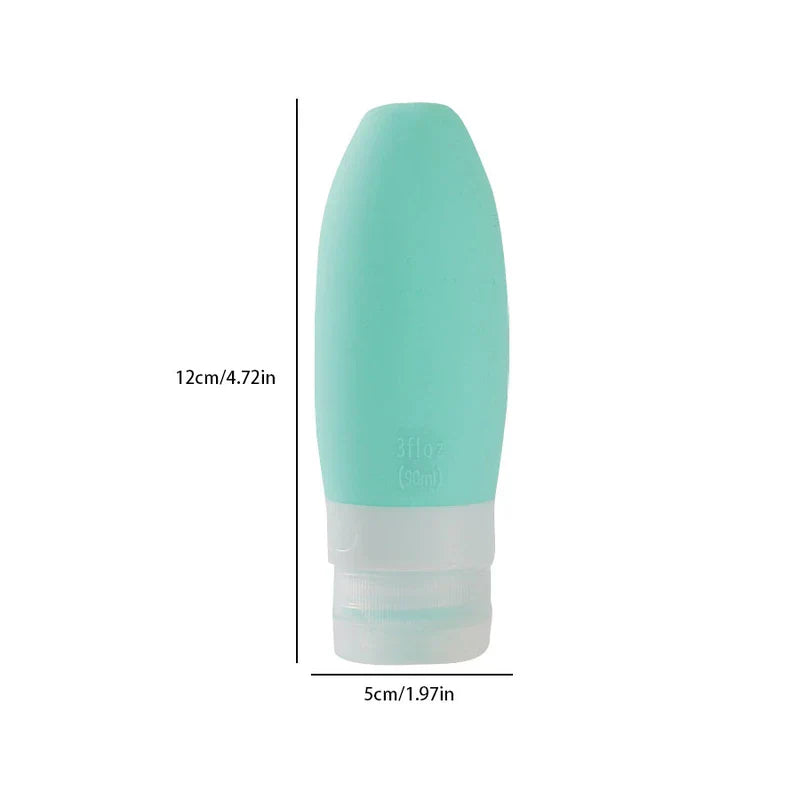 Travel Toiletry Bottles Set - Silicone travel bottle in mint teal, labeled 3 fl oz (90ml), with size dimensions 12cm tall and 5cm wide.