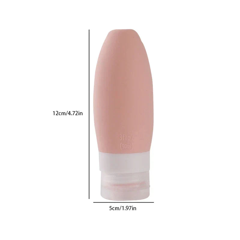 Travel Toiletry Bottles Set - Silicone travel bottle in light pink, labeled 3 fl oz (90ml), with size dimensions 12cm tall and 5cm wide.