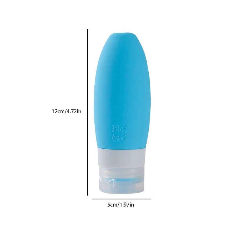 Travel Toiletry Bottles Set - Light blue travel squeeze bottle with labeled dimensions, 12cm tall and 5cm wide, showing 3fl oz (90ml) marking.