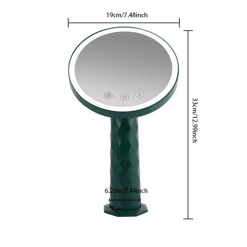 Makeup Mirror - Dark green standing vanity mirror with touch controls, LED ring, diamond-textured handle, dimension labels on plain white background