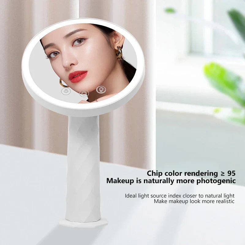 Makeup Mirror - Round lighted mirror reflecting a person wearing makeup, with text noting natural light-matching color rendering