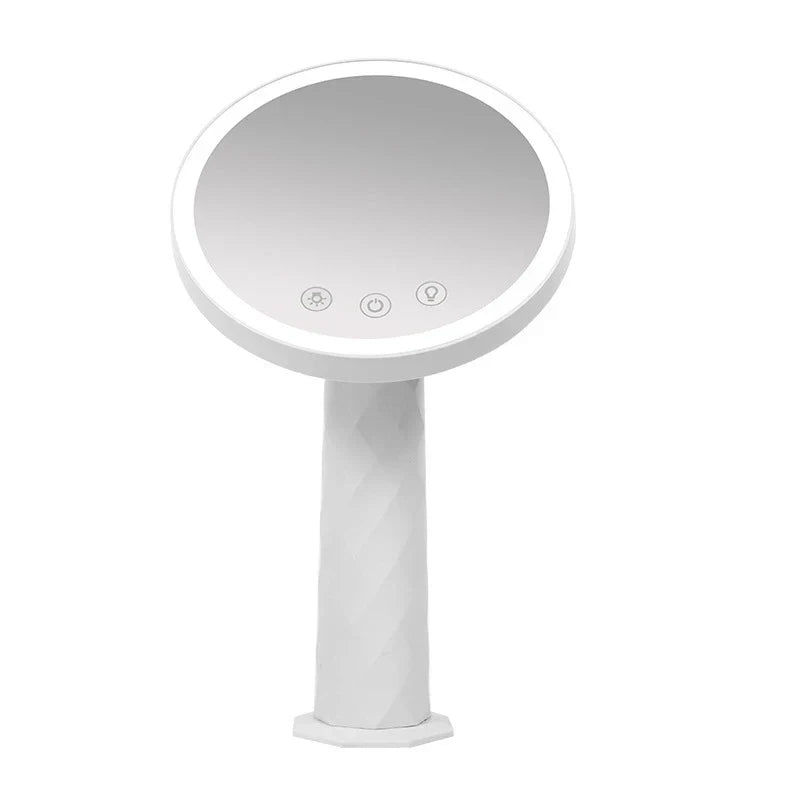 Makeup Mirror - White round lighted mirror with textured faceted stand and three touch control buttons on mirror surface