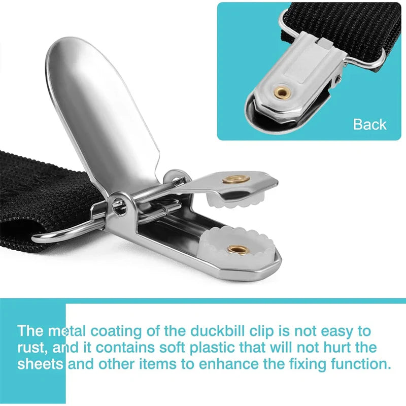 Closeup of rust-resistant duckbill sheet clip with soft plastic teeth for fabric protection