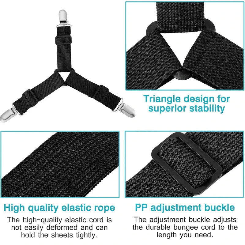 Features of triangular bed sheet fasteners: stable design, elastic rope, PP buckle