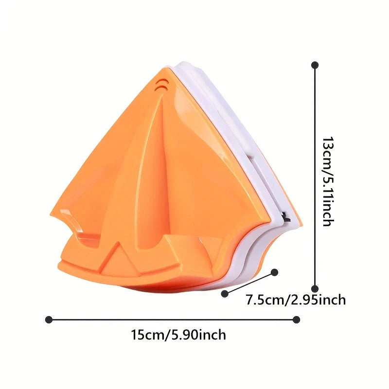 Triangular orange and white double-sided window cleaner with dimension labels indicating length, width, and height measurements.