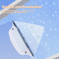 White magnetic window cleaner half attached to wet glass, with text reading "Scratch synchronization" and descriptive subtext.