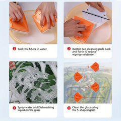 Window Cleaner - Four-step usage guide showing two orange cleaning pads over a basin, soapy glass, and S-shaped cleaning path diagram with text instructions.