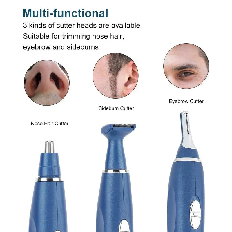 Five Senses Trimmer Clipper Tool - Multi-functional trimmer displayed with three interchangeable cutter heads, each labeled for nose hair, sideburn, and eyebrow trimming.