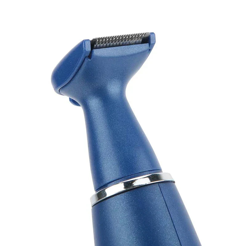 Five Senses Trimmer Clipper Tool - Close-up angled view of the upper portion of a blue handheld groomer showing its trimmer blade head and neck section.