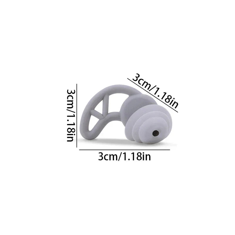 Noise Cancelling Ear Plugs - Light grey silicone earplug with three dimension lines marking 3cm / 1.18in length, width, height on white background