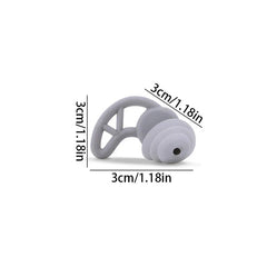 Noise Cancelling Ear Plugs - Light grey silicone earplug with three dimension lines marking 3cm / 1.18in length, width, height on white background