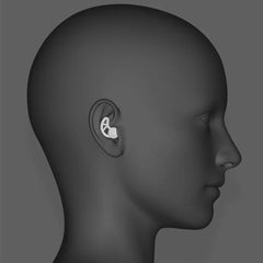 Noise Cancelling Ear Plugs - White silicone earplug placed inside the ear of a dark grey profile mannequin head