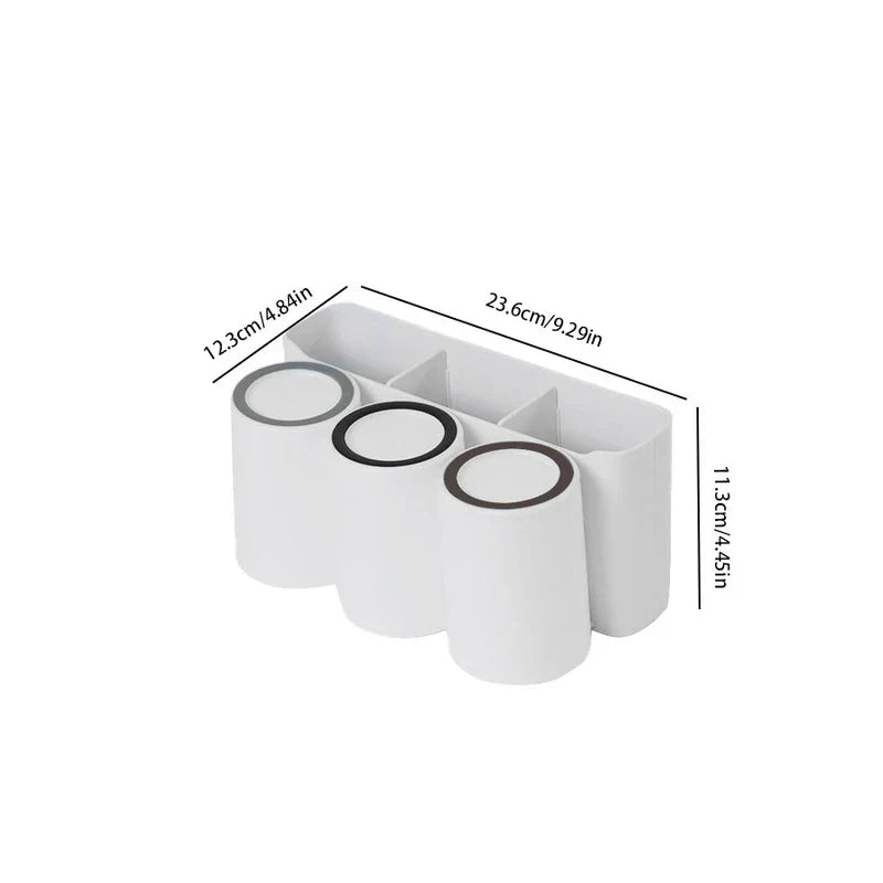 Toothbrush Holder - White wall-mounted bathroom organizer with three matching cups, marked with dimension lines for size reference