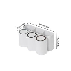 Toothbrush Holder - White wall-mounted bathroom organizer with three matching cups, marked with dimension lines for size reference
