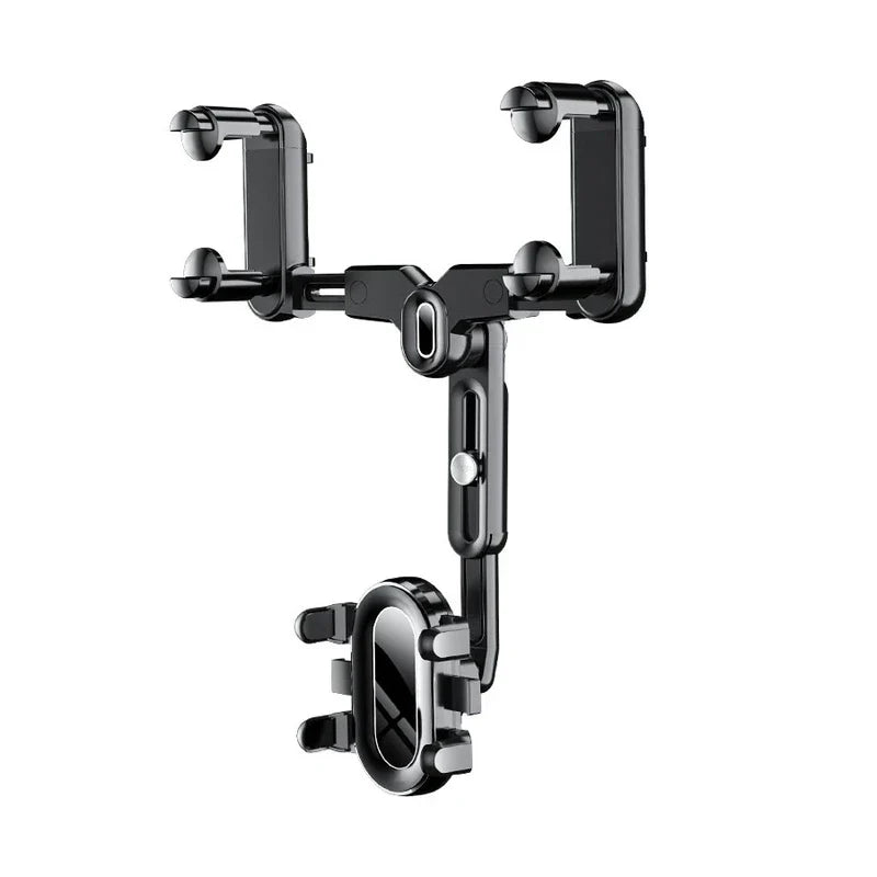 Black flexible gooseneck phone holder with mirror clips shown against a plain white background.